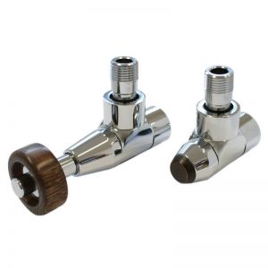 Комплект Schlosser PRESTIGE угловой сталь, для стальных труб GW M22х1,5 х GW 1/2 (Корпус клапанов LUX термостатическая головка с цилиндрической деревянной рукояткой)