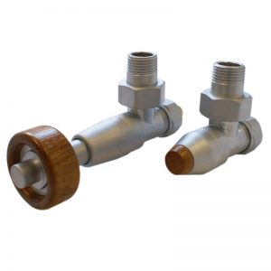 Комплект Schlosser PRESTIGE угловой сатин, для стальных труб GW M22х1,5 х GW 1/2 (термостатическая головка с круглой деревянной рукояткой)